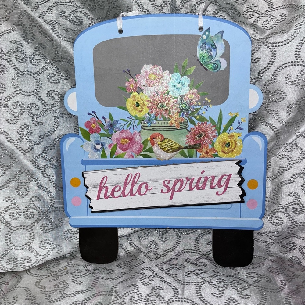 Blue Floral glitter 'Hello Spring' Wall Decor